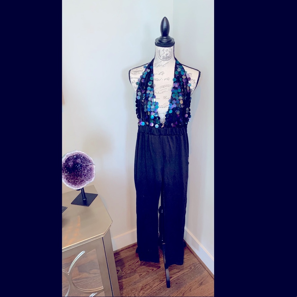 Black peacock shimmer jumpsuit